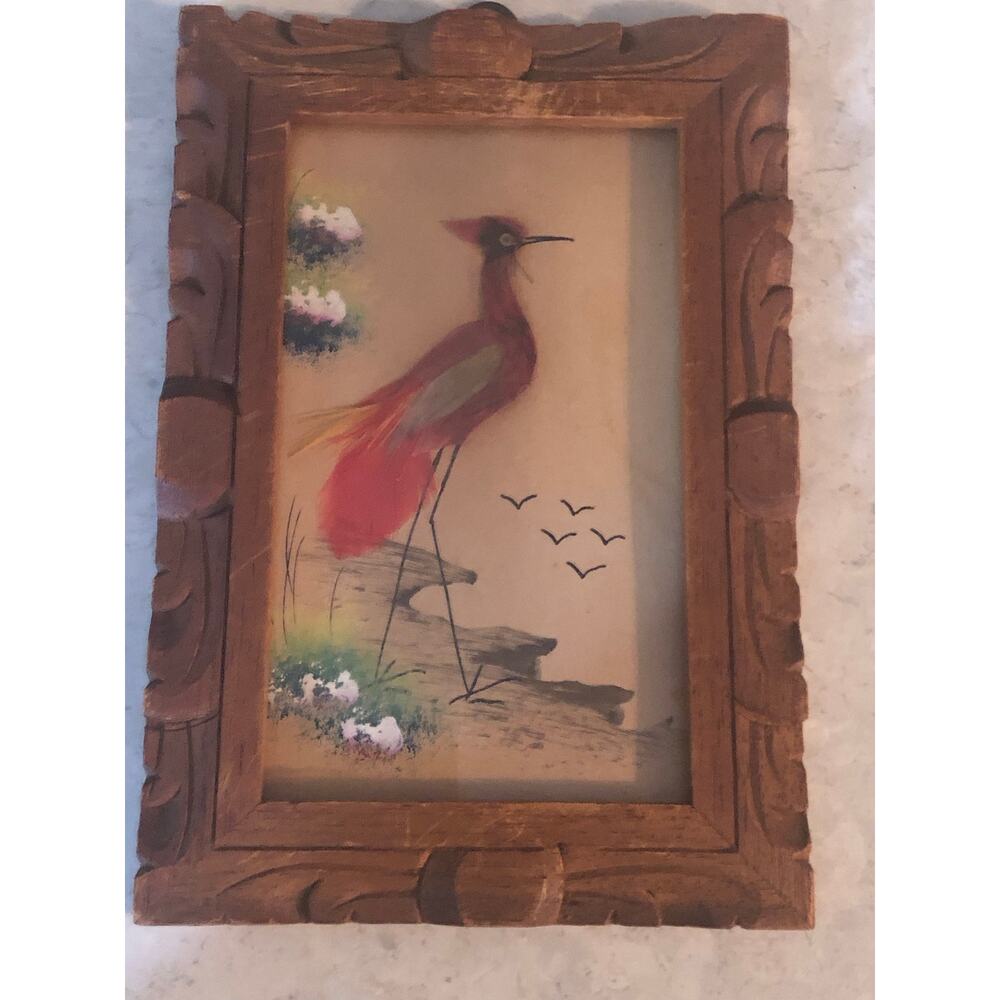 Vintage Mexican feather craft art bird watercolor hand carved frame